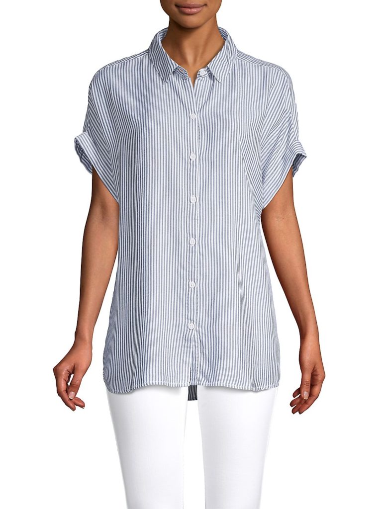 Stripe Blue and White Button-Up Short Sleeve Top
