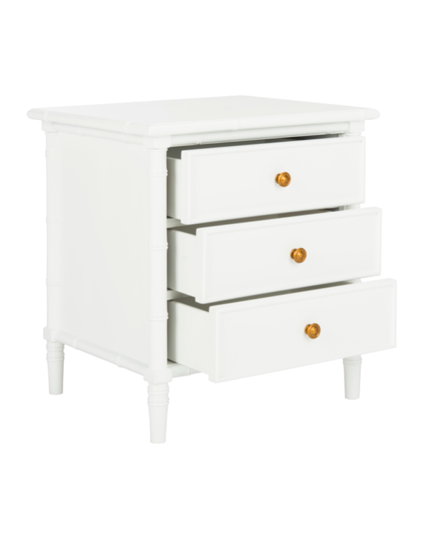 White Faux Bamboo Nightstand with Three Drawers End Table