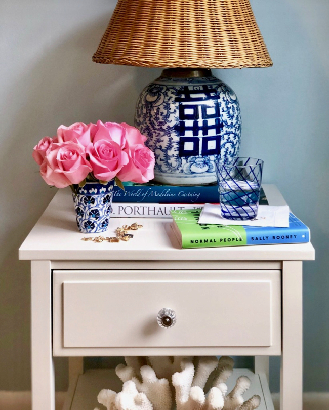 White Nightstand with Shelf and Drawer and Blue and White Chinese Ginger Jar Table Lamp with Wicker Lampshade