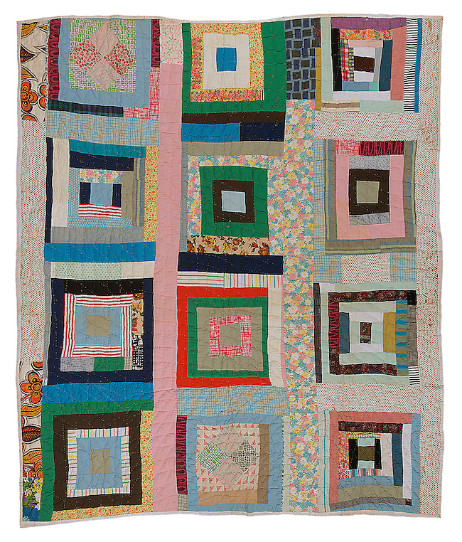 Hand-stitched quilt from Gee's Bend, Alabama. Housetop twelve block.