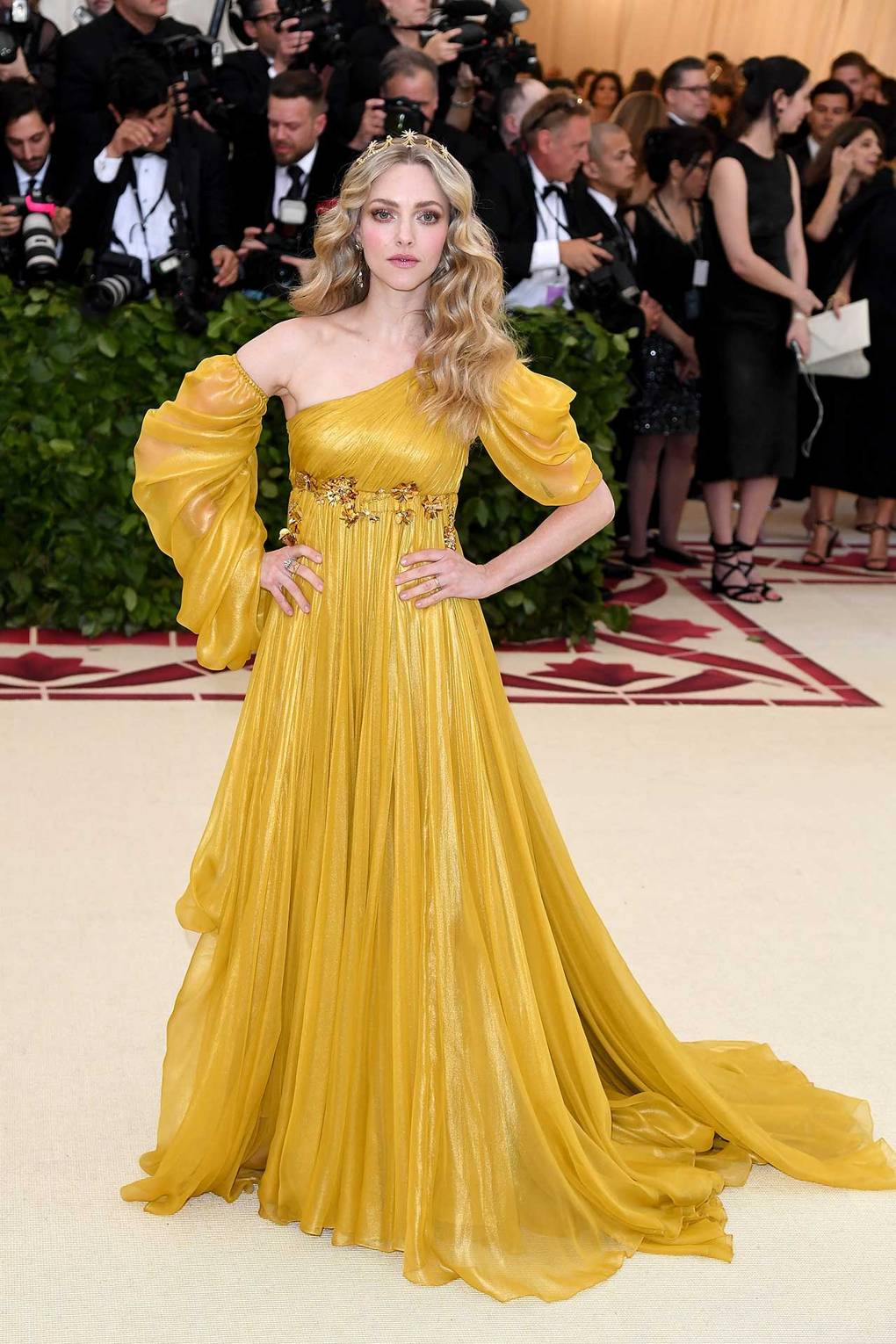 Amanda Seyfried 2018 Met Gala Marigold Yellow Gown Prada Loose