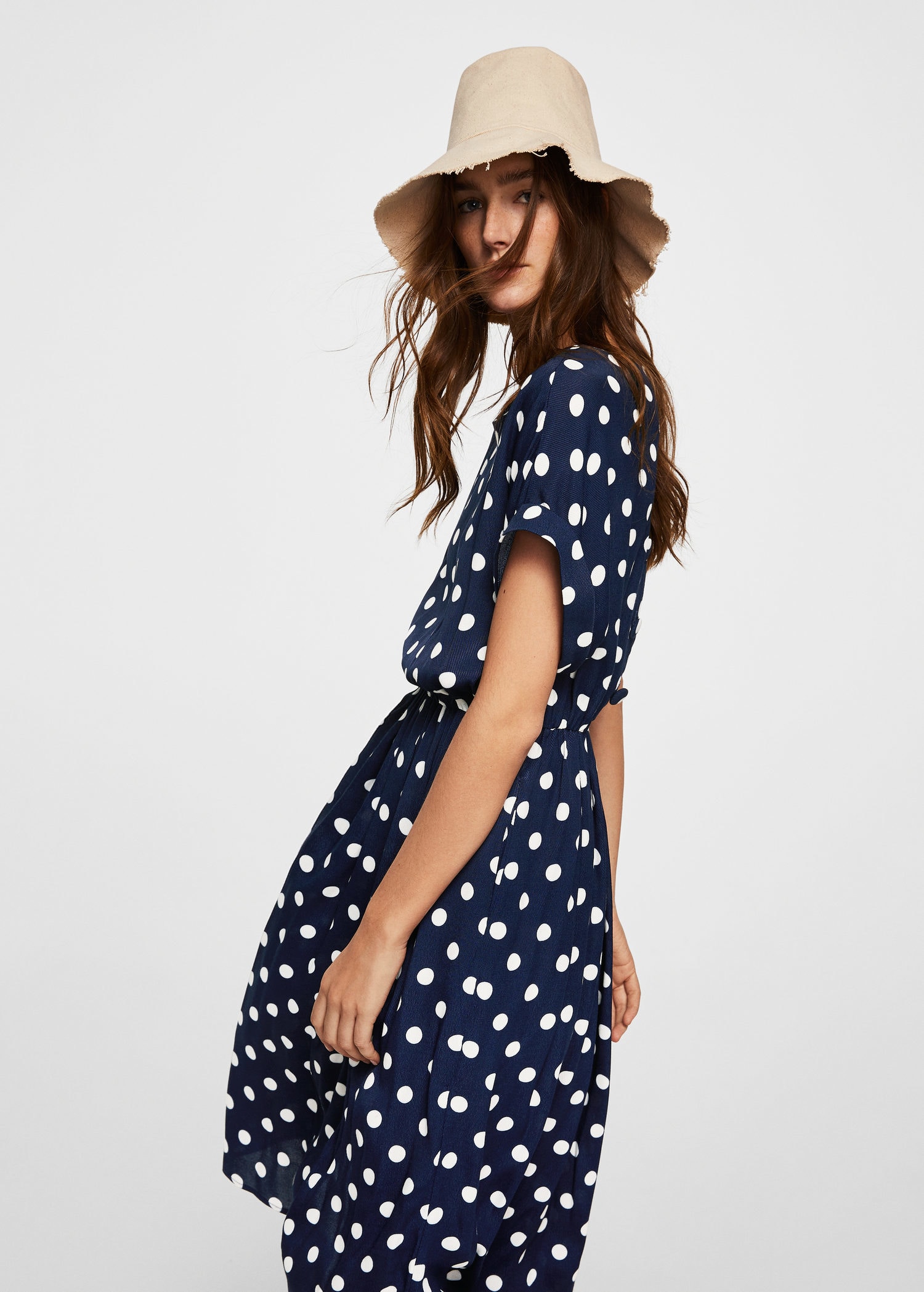 navy blue polka dot midi dress