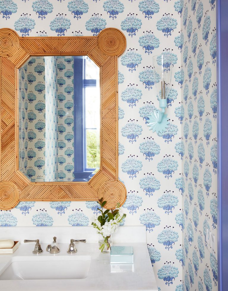 katieridderfloralwallpaperpowderroomrattanbamboowallmirrror