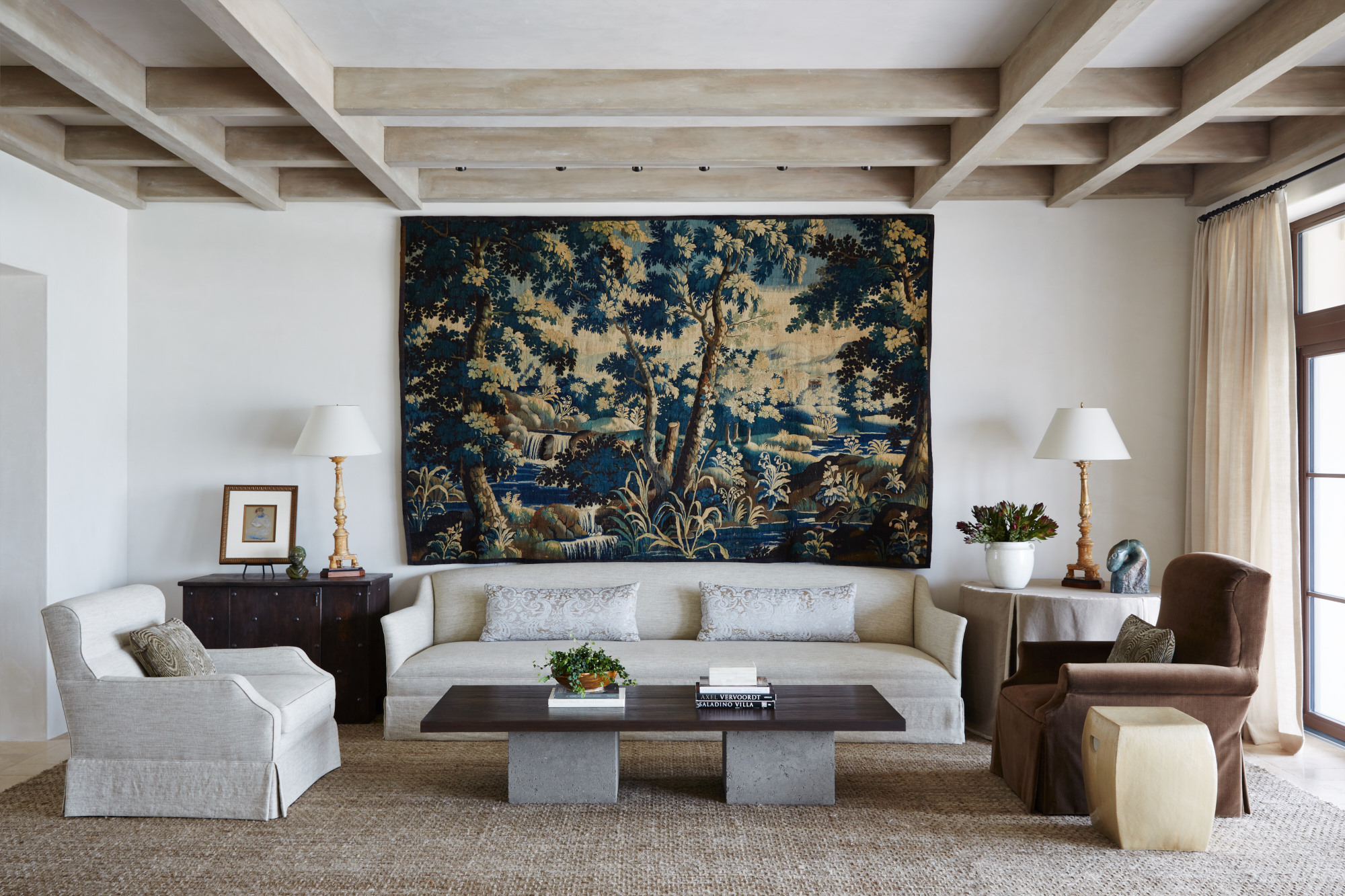 living room with tapestry