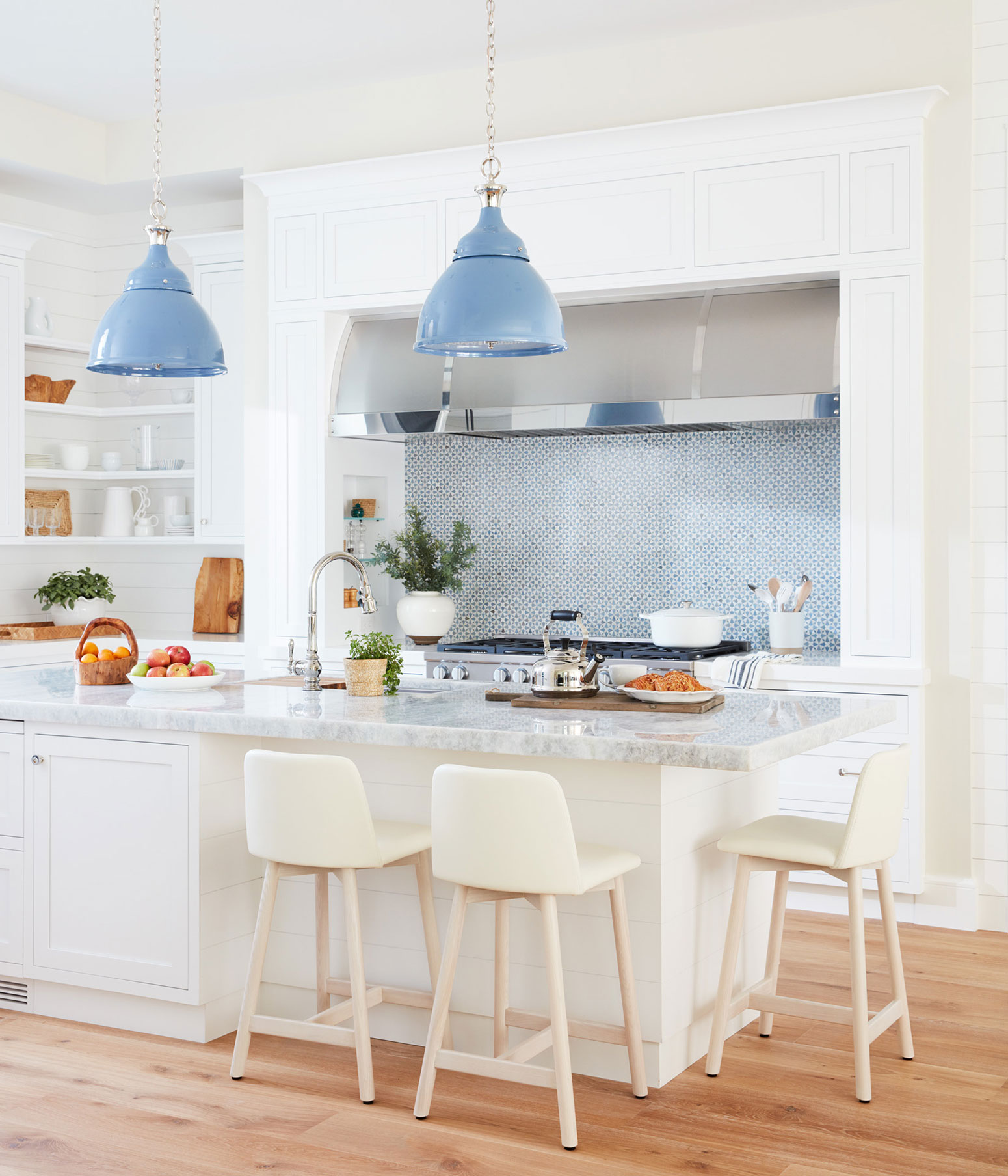 White Kitchen Blue Pendant Lights Marble Countertop