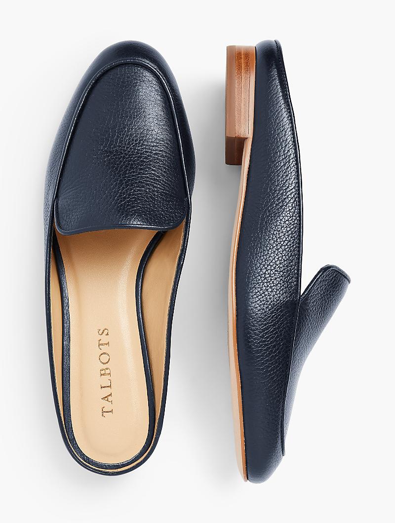 navy blue leather mules