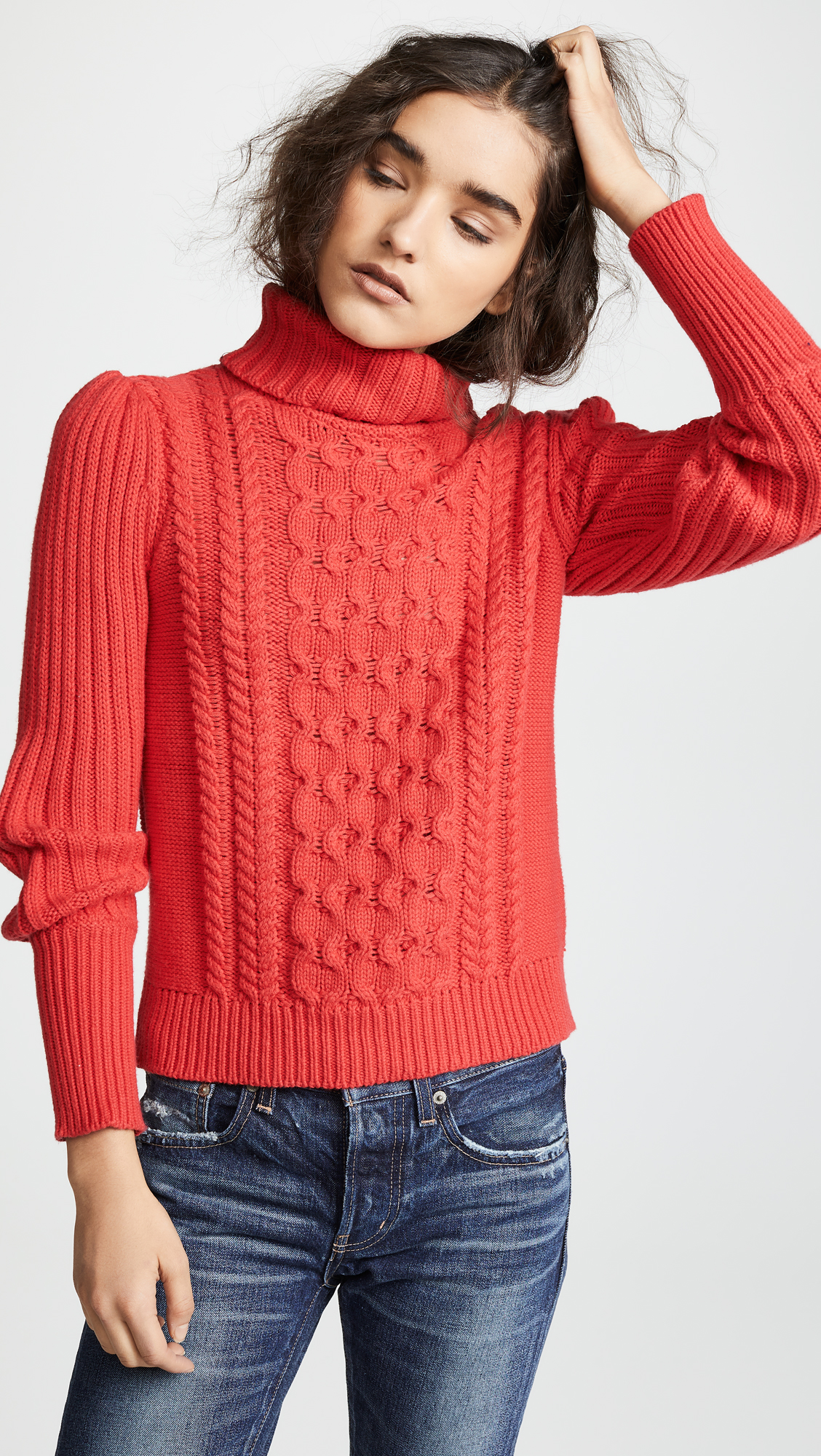 bop-basics-cable-knit-turtleneck-sweater-coral-light-blue-puff-sleeves ...