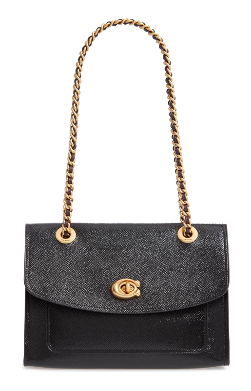 coach-black-leather-handbag-parker-gold-chain-handle-shoulder-strap - Katie Considers