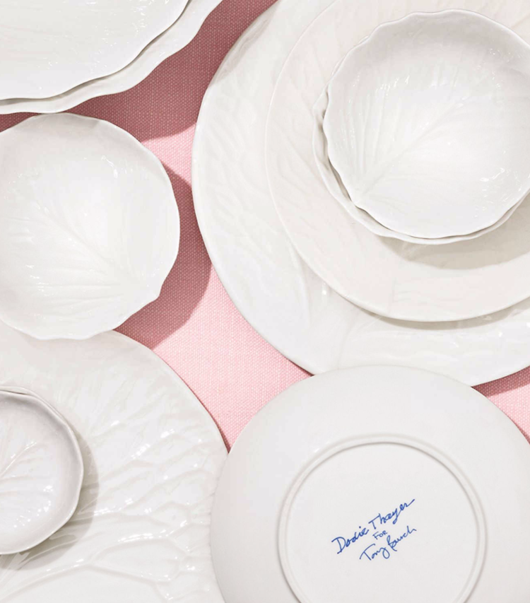 tory-burch-dodie-thayer-lettuce-ware-cabbage-white-plates -bowls-porcelain-ceramic