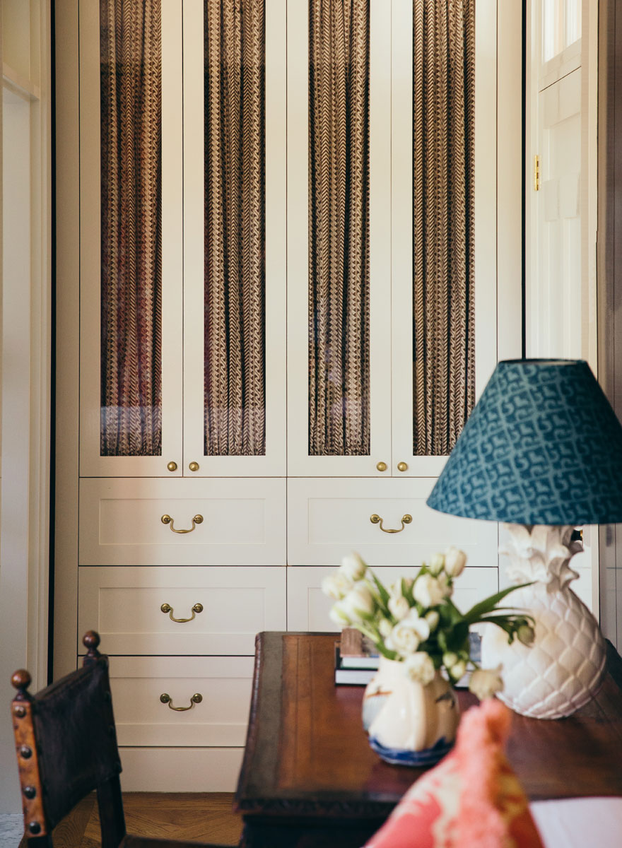 white-custom-built-in-closet-pleated-fabric-panels-drawers-brass ...