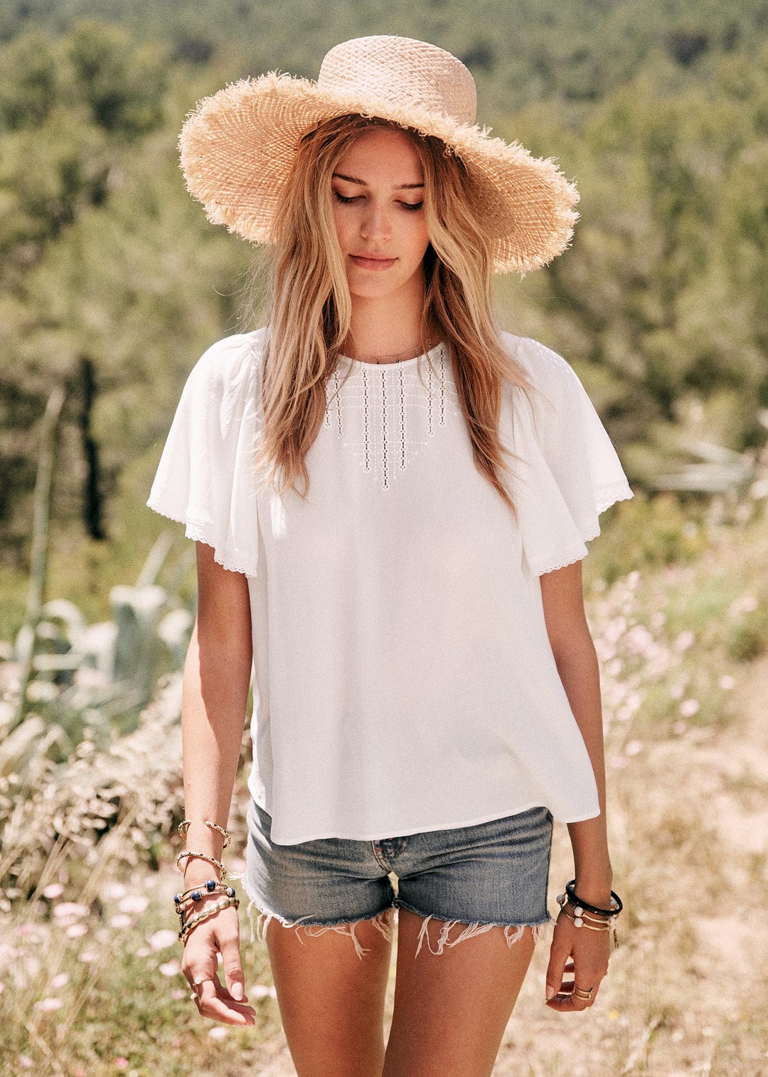 White Embroidered Flutter Sleeve Blouse