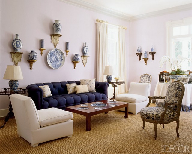 Aerin Lauder East Hampton Home Living Room Lilac Walls Tufted Sofa Blue and White Porcelain