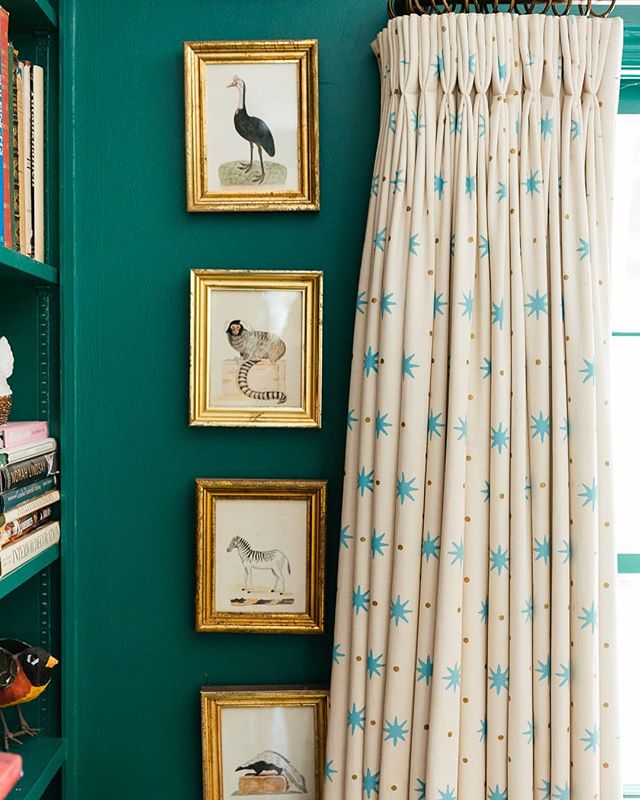 Green walls with framed antique animal prints star print curtains. Room decorated by Libby Cameron.