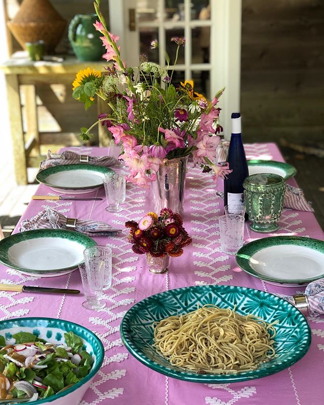 Carolina Irving and Daughters table setting pink table cloth bohemian style