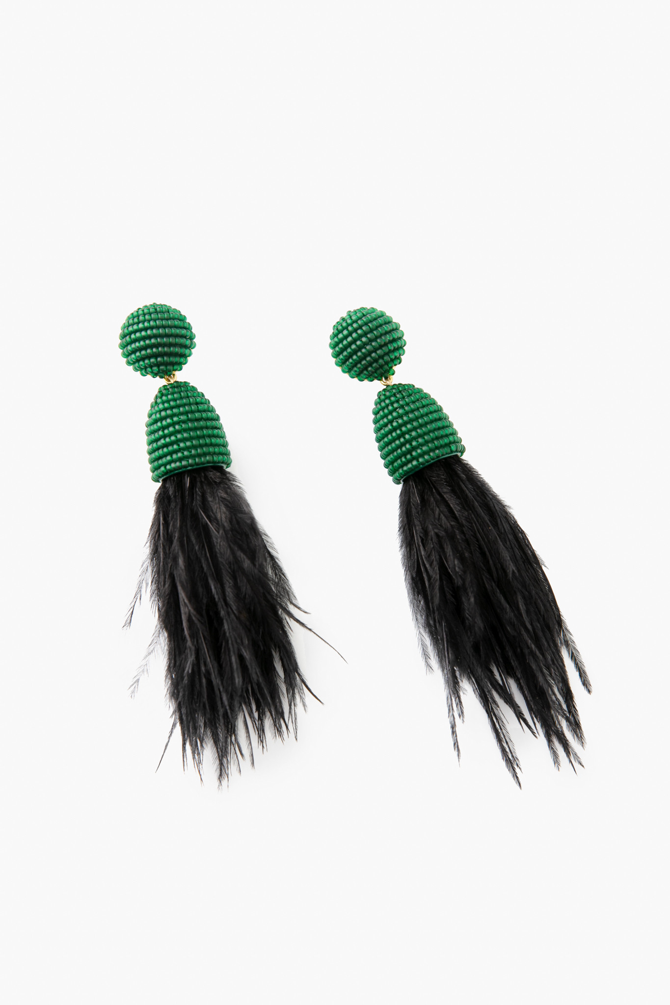 Green Beaded and Feather Earrings