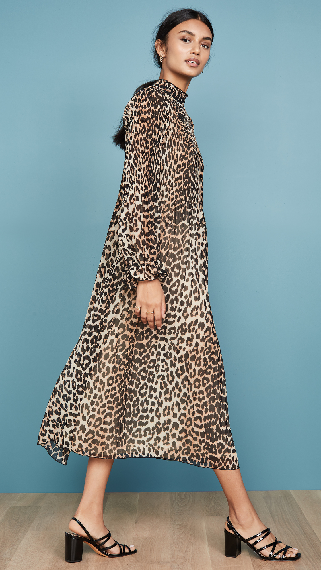 Pleated Leopard Print Midi Dress