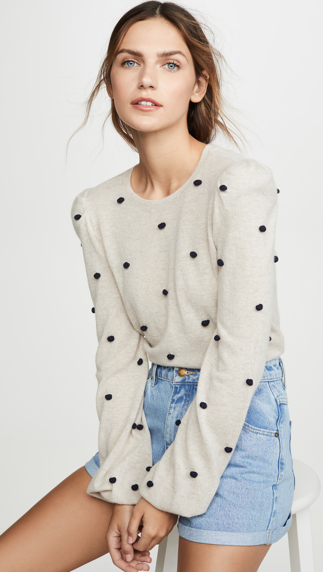 Puff Sleeve Pom Pom Cashmere Sweater