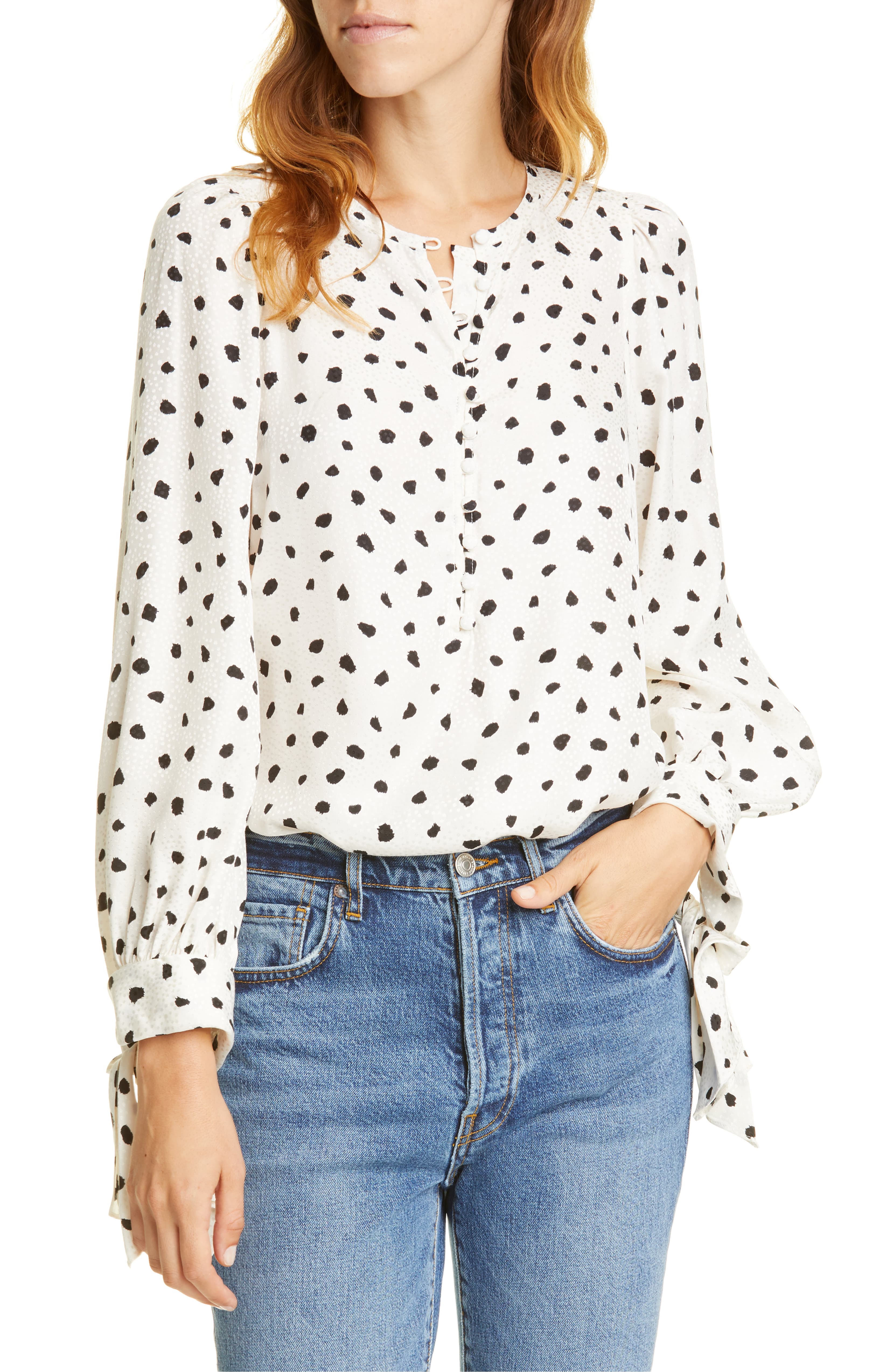 White and Black Spots Silk Blouse