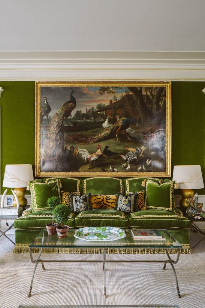 Tory Burch New York Apartment Green Velvet Walls Living Room Sofa