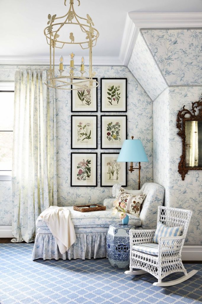 Blue and white toile wallpaper in a  bedroom decorated by Amy Berry Interior Design.