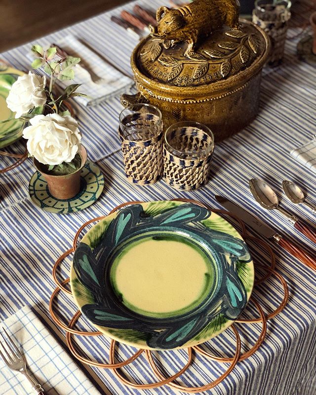Autumn table setting with stripe tablecloth and rattan charger by Cutter Brooks Shop