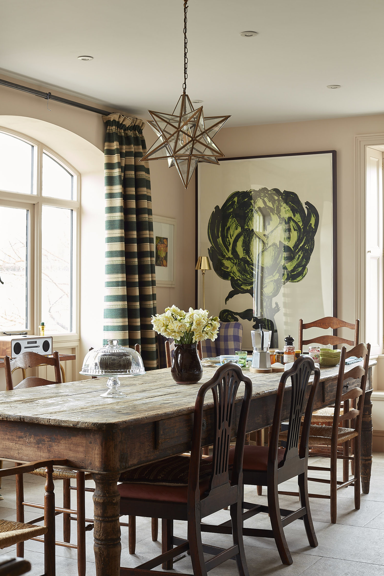 farmhouse-dining-table-kitchen-pink-walls-green-plaid-curtains-rustic ...