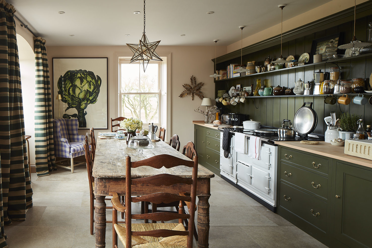 green-kitchen-cabinets-pink-walls-farmhouse-dining-table-eat-in-rita ...