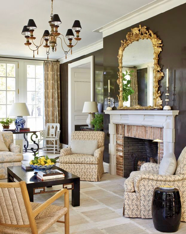 Lacquered brown walls in a Nashville home decorated by David Netto for Veranda Magazine