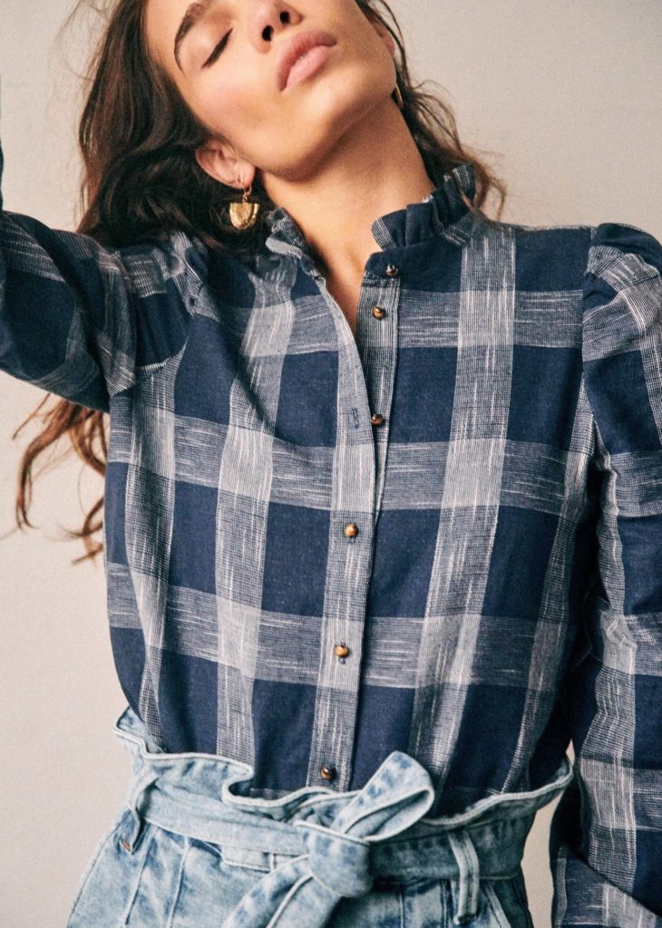 Lamie Blue Check Shirt with Ruffled Collar Sezane Paris