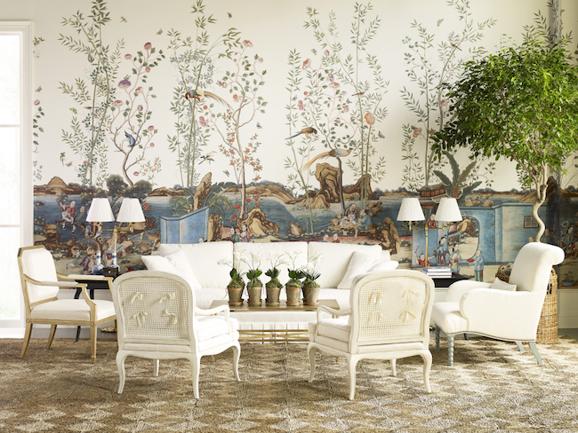 Mark D. Sikes for Chaddock Furniture collection sisal rug in living room with chinoiserie wallpaper