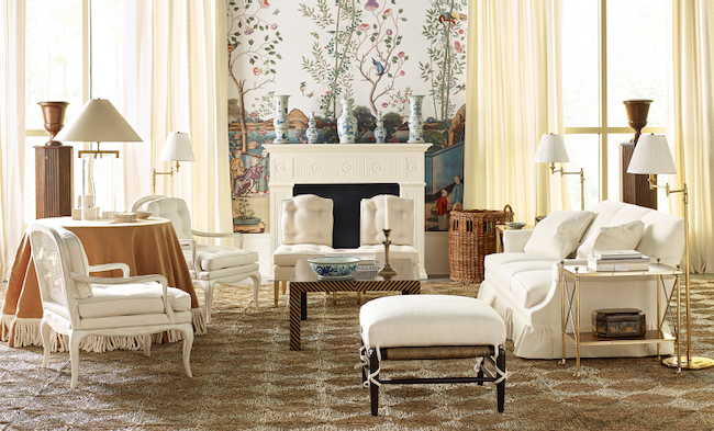 Mark D. Sikes for Chaddock Furniture collection sisal rug in living room with chinoiserie wallpaper