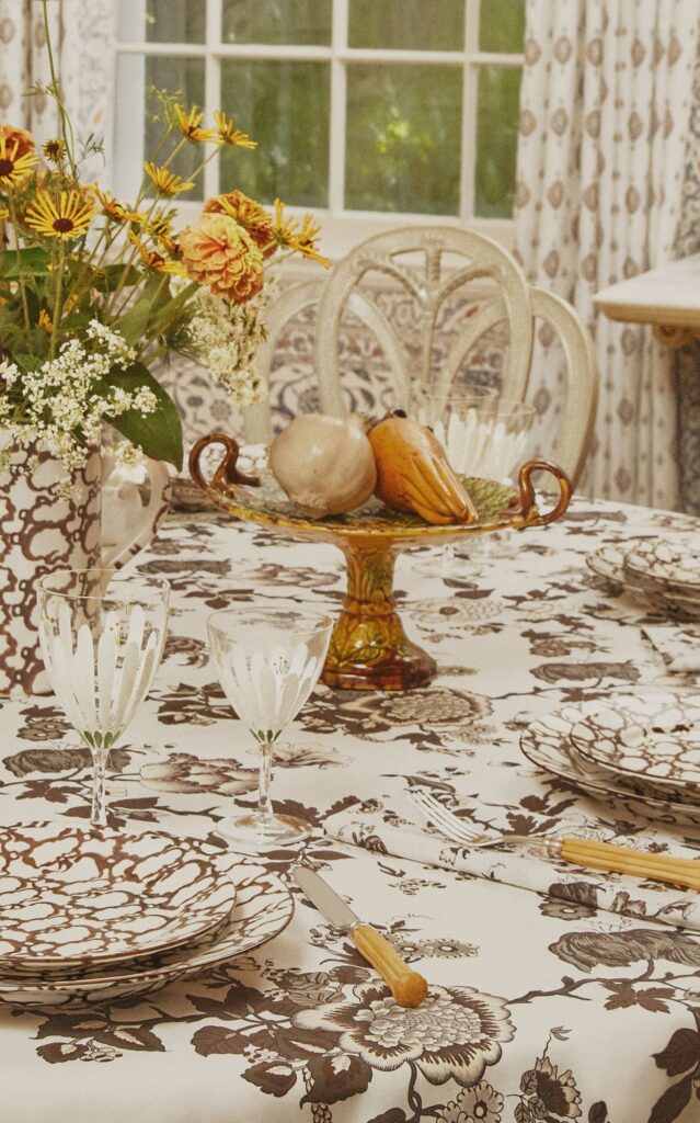 Thanksgiving Table Setting Floral Brown and White Linens