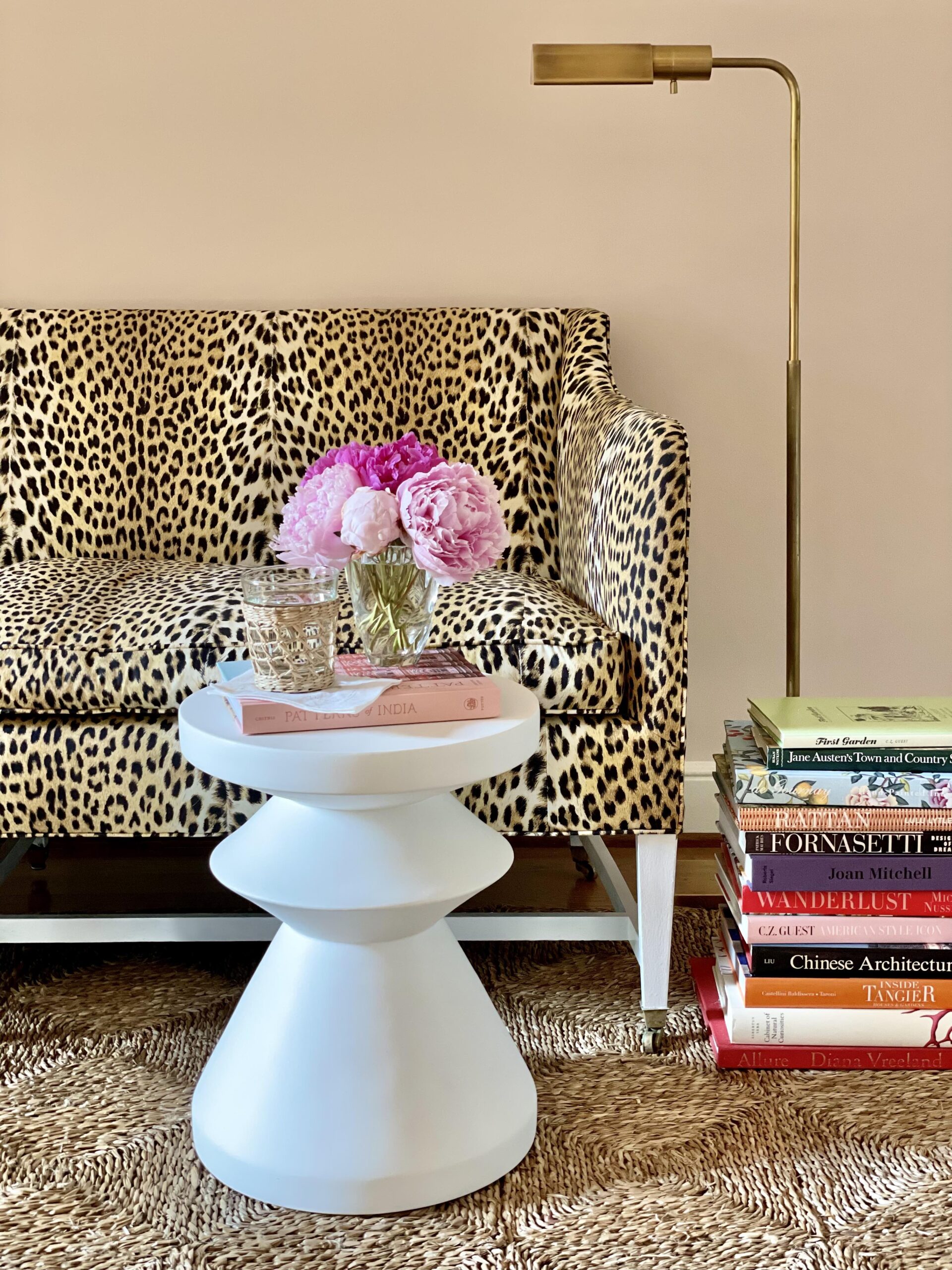 Amagansett Side Table Serena Lily White Sculptural Modern Resin Plaster Leopard Print Sofa Settee
