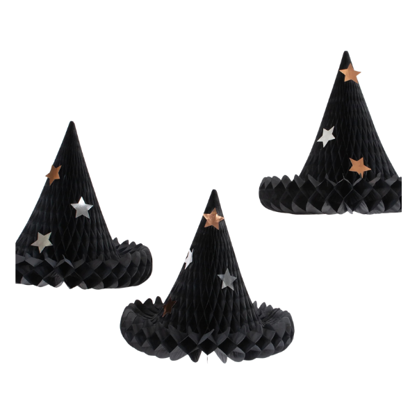Honeycomb witch hat decorations, set of 3, Meri Meri