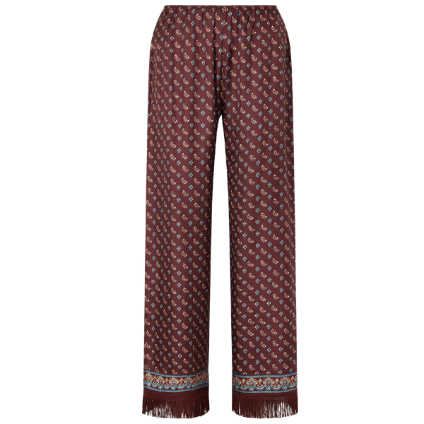 Printed silk-satin wide-leg pants with fringe hem, Dôen