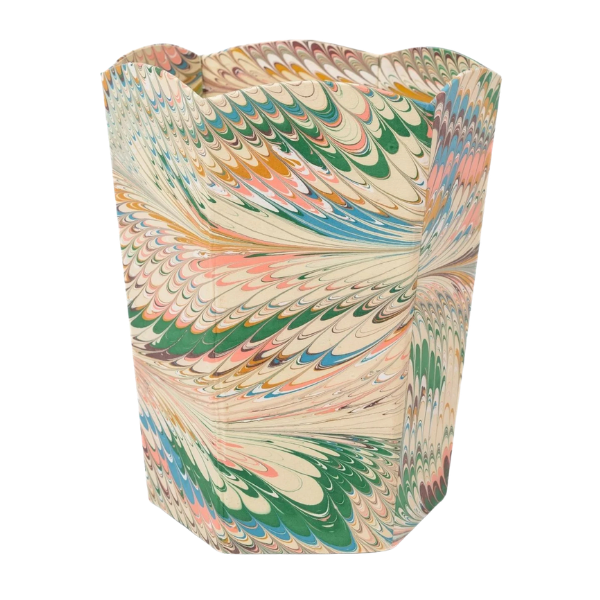 Hand-marbled scallop waste bin in Flatiron Feathers, Inner Child