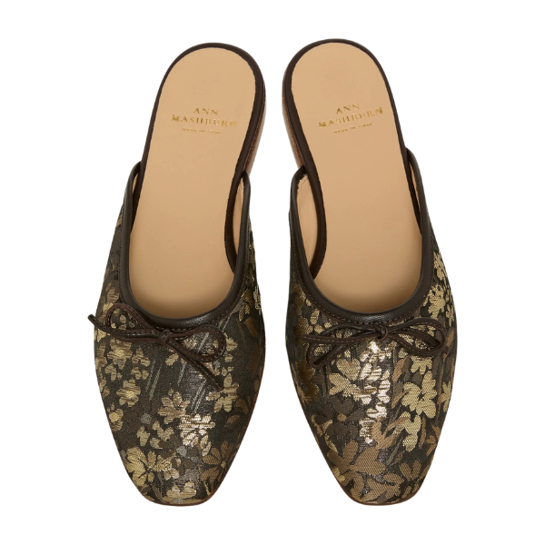 Brown and gold metallic floral jacquard mule, Ann Mashburn