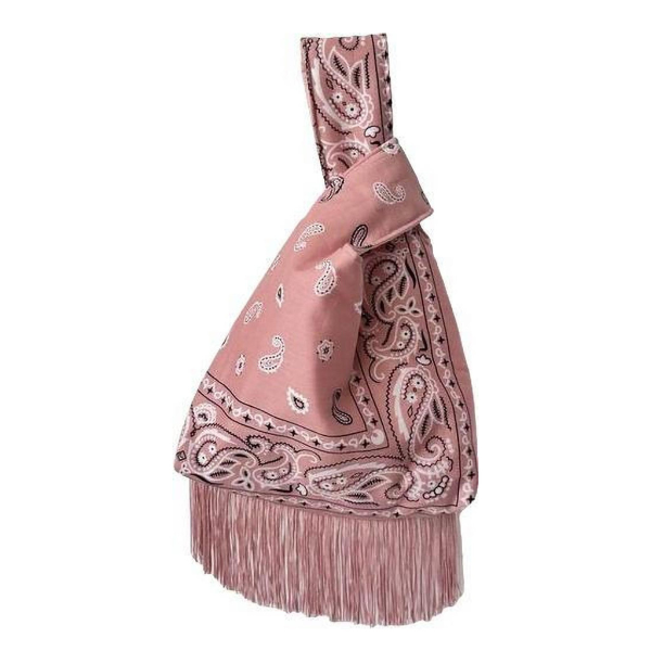 Dusty rose bandana-print knot bag with fringe trim, handmade