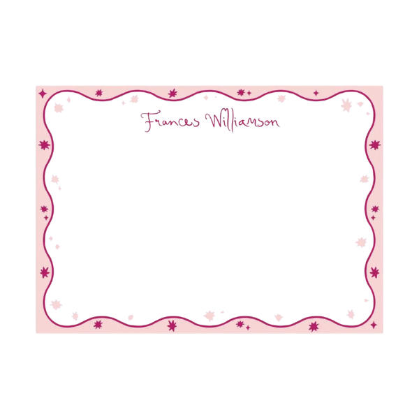 Pink personalized stationery card with wavy scalloped border and star print, custom name in script
