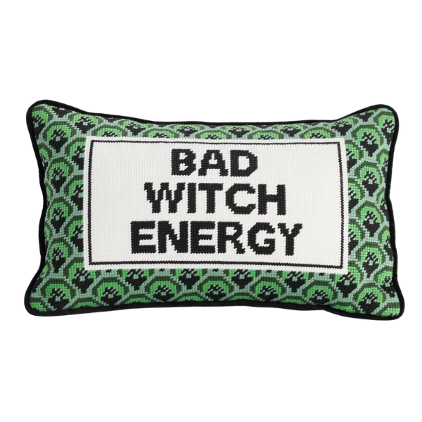 Holiday needlepoint throw pillow with embroidered motif, Bad Witch Energy, Furbish Studio