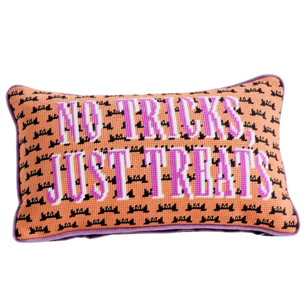 "No Tricks" embroidered needlepoint throw pillow, Furbish Studio