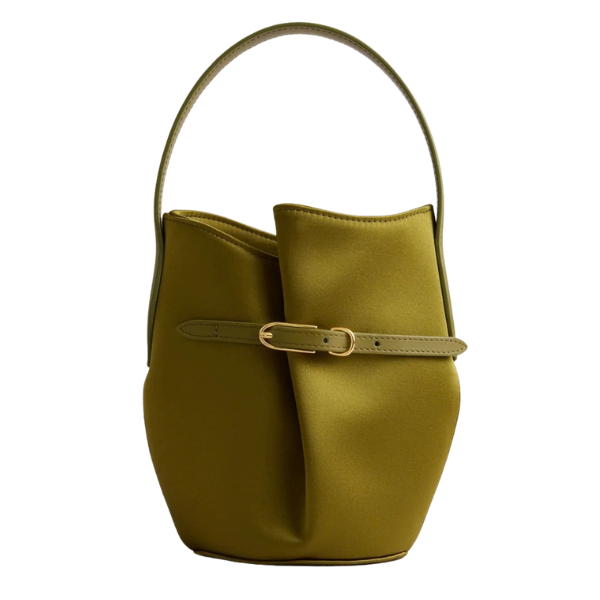 Warm green satin micro bucket bag with belt detail, Tuckernuck
