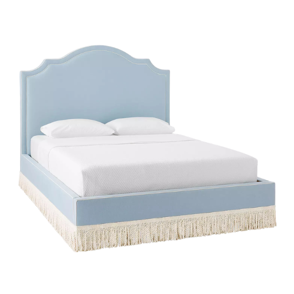 Loire bed, Coastal Blue with Washed Linen Chalk Pipe and Natural Bullion Fringe, Serena and Lily