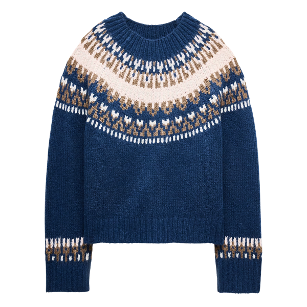 Heather blue and blossom pink Fair Isle metallic wool-blend mockneck sweater, J.Crew