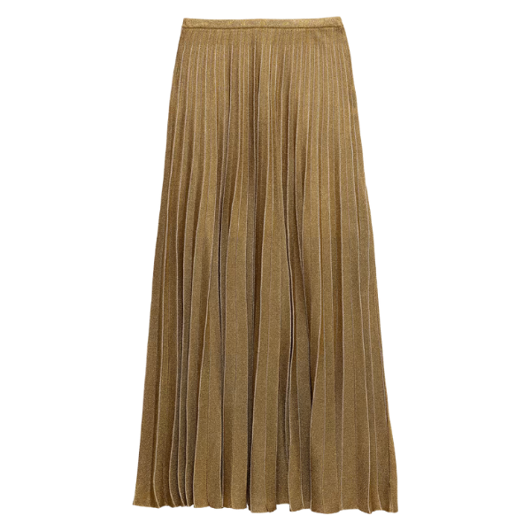 Gold metallic pleated knit midi skirt with fitted waistband, flat lay